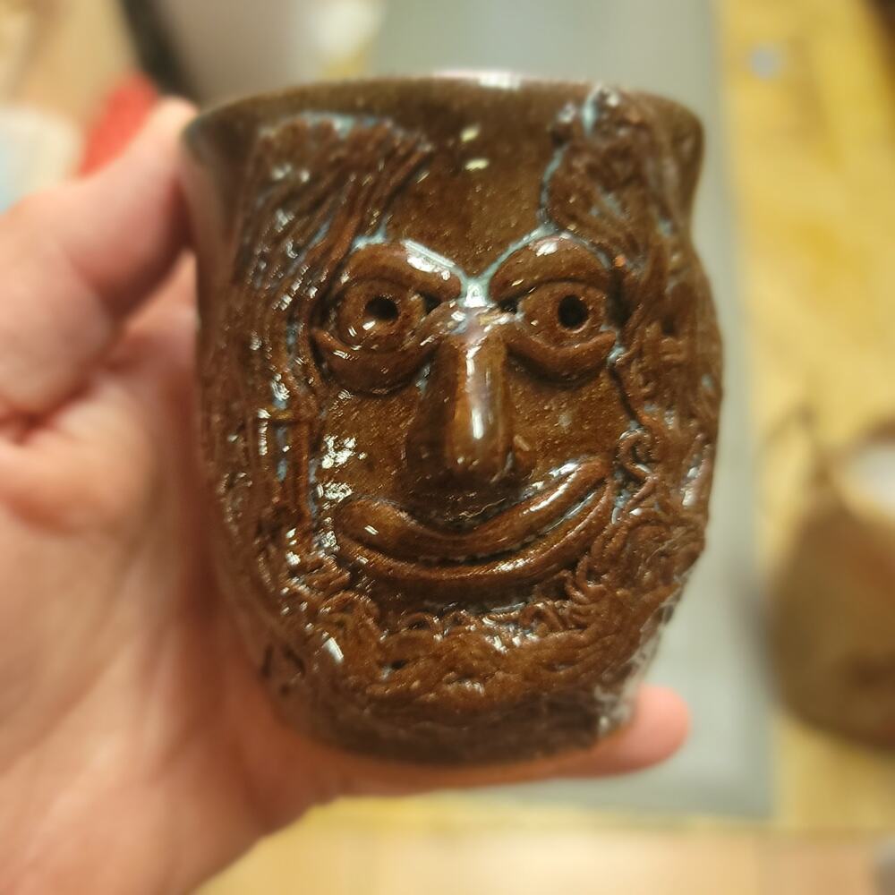 Face mug coffee tea cup pottery handmade signed BROWN red clay glazed 3 1/4"